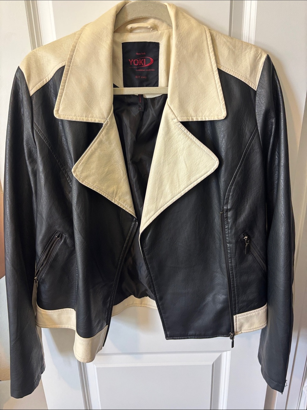 Yoki Black and Cream Colorblock Leather Jacket